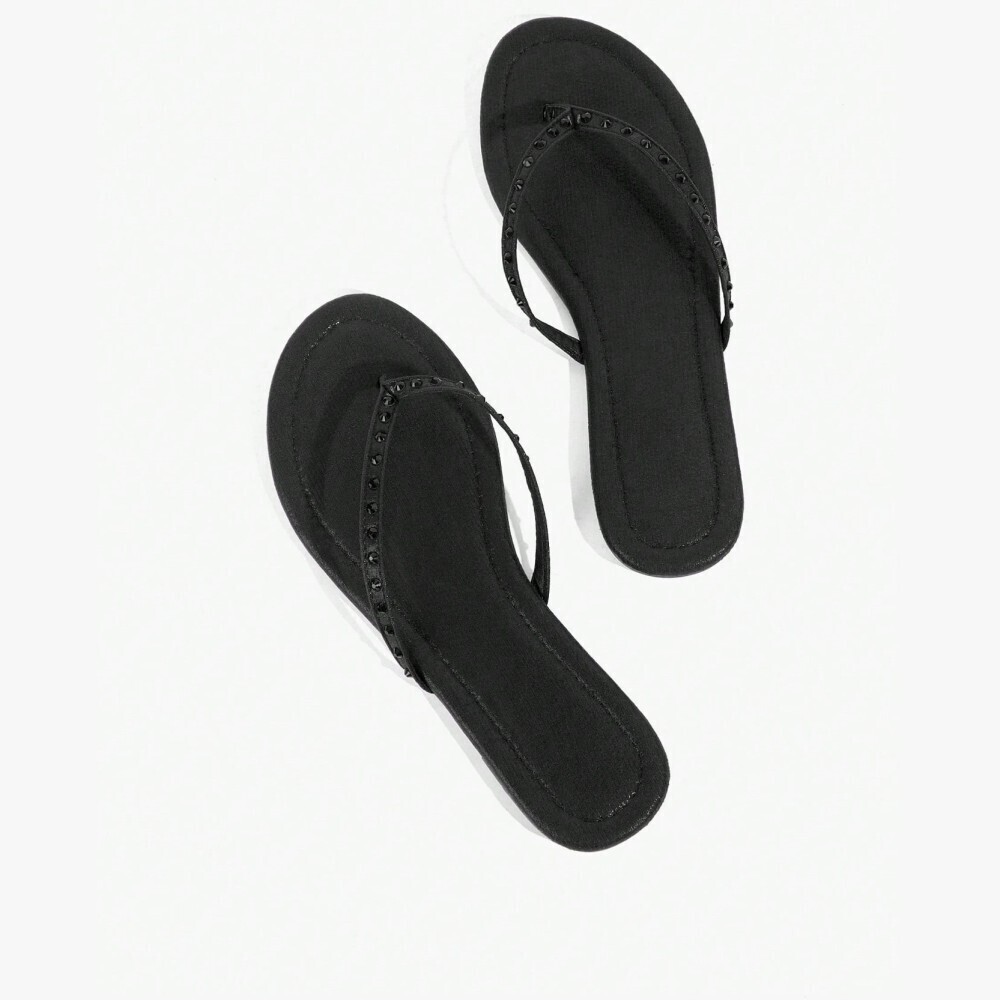 Black Studded Thong Sandals Flat Toe Post Slip On Summer Sandals
